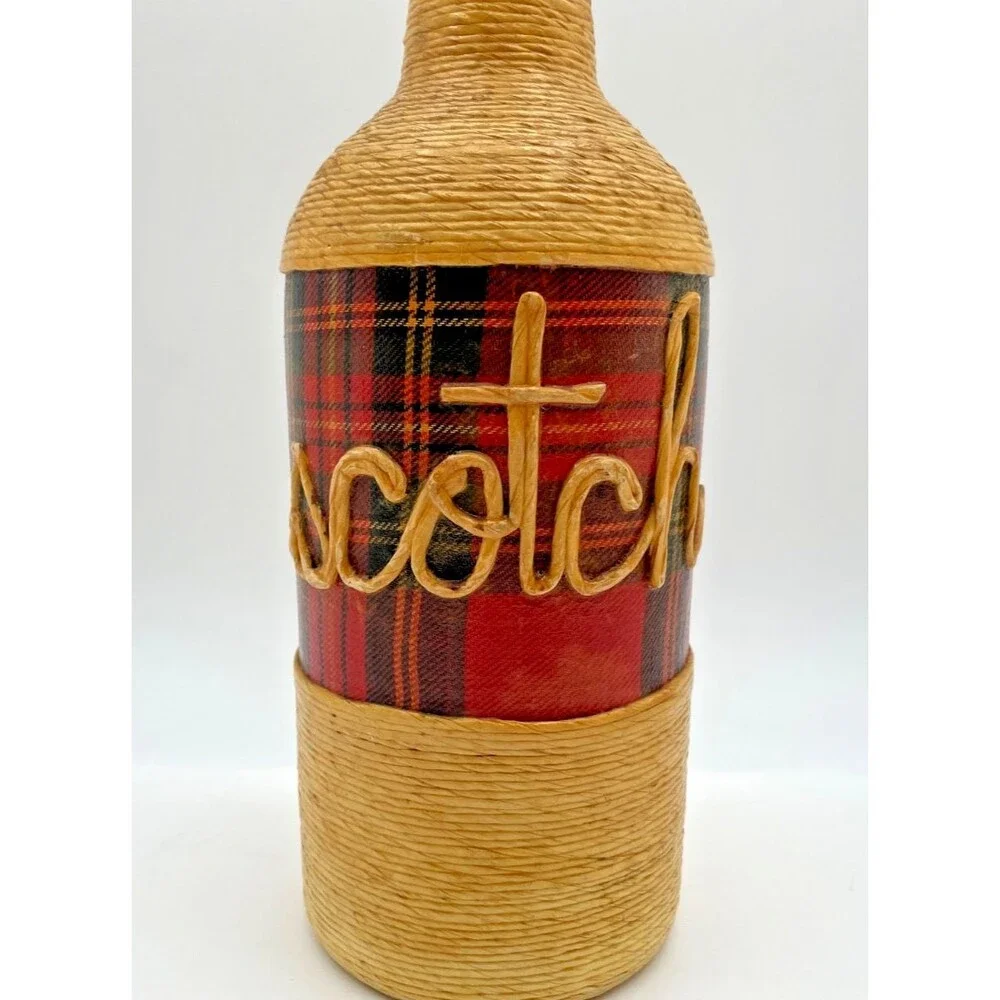 Vintage Wicker Wrapped Scotch Liquor Bottle Tartan Plaid Fine Jute Twine Rare